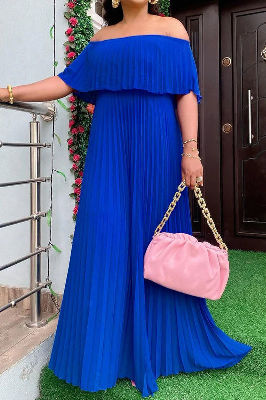 Dress Elegant Royal Blue Off Shoulder Pleated Prom Dress Maxi Dress A-line Sleeveless Party Dress