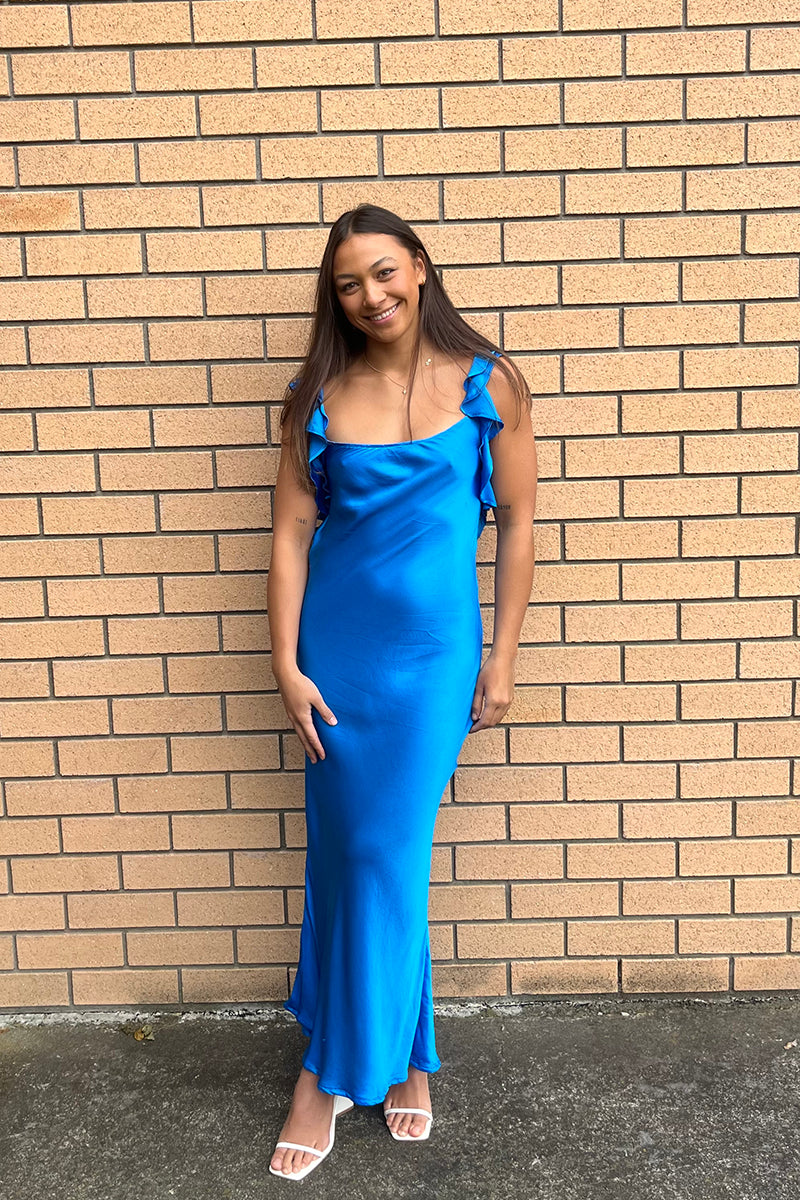 Dress Elegant Royal Blue Wide Straps Open Back Sleeveless Maxi Dress Ruched Ruffle Ankle Length Prom Dress