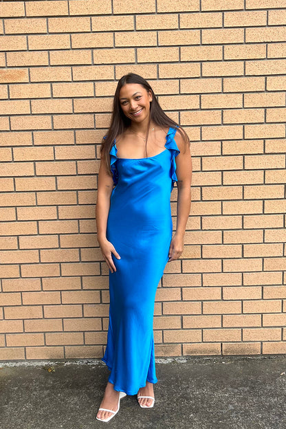 Dress Elegant Royal Blue Wide Straps Open Back Sleeveless Maxi Dress Ruched Ruffle Ankle Length Prom Dress