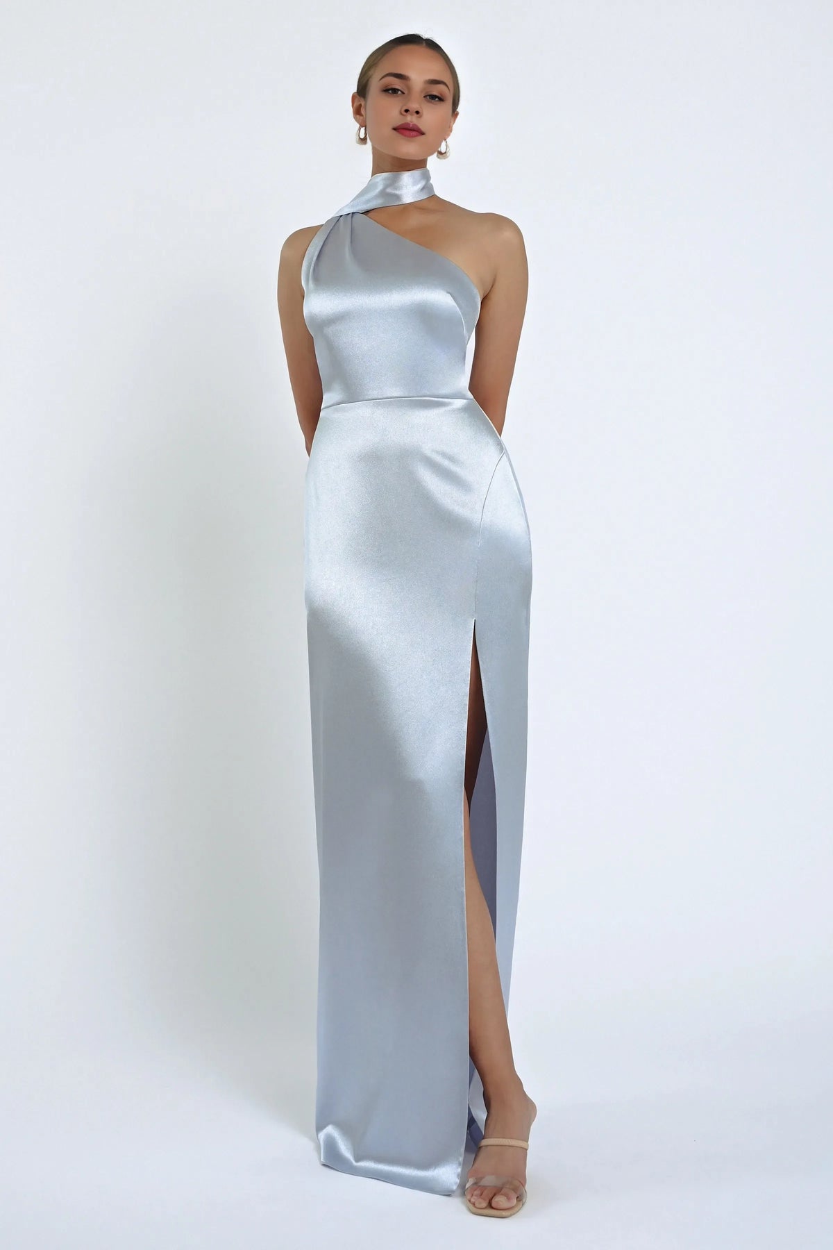 Dress Elegant Satin Asymmetrical Halter Neck Open Back Evening Dress Sheath Slit Sleeveless Prom Dress