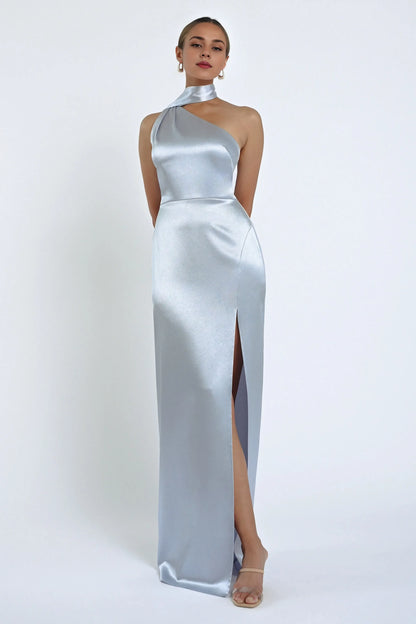 Dress Elegant Satin Asymmetrical Halter Neck Open Back Evening Dress Sheath Slit Sleeveless Prom Dress
