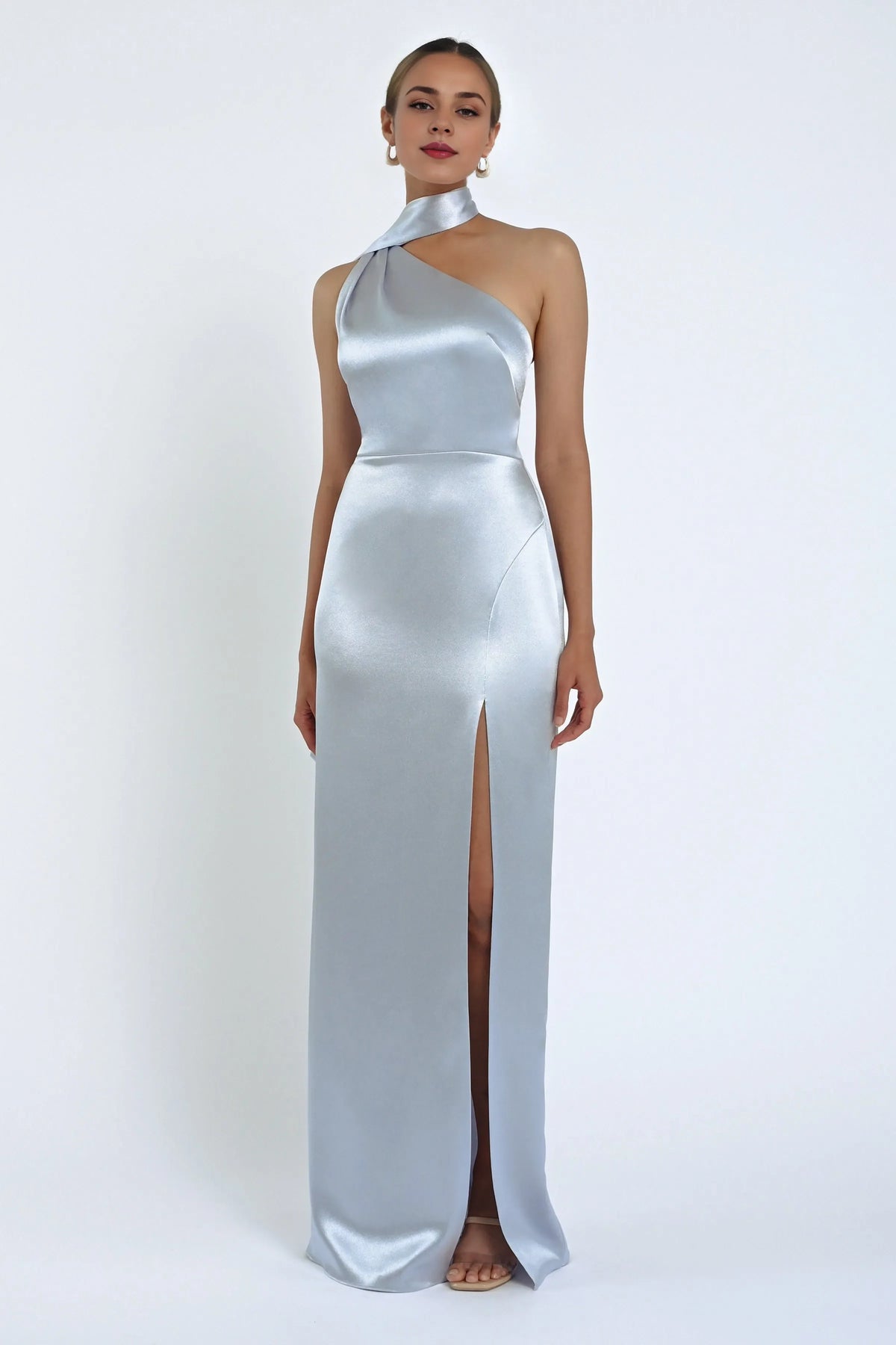 Dress Elegant Satin Asymmetrical Halter Neck Open Back Evening Dress Sheath Slit Sleeveless Prom Dress
