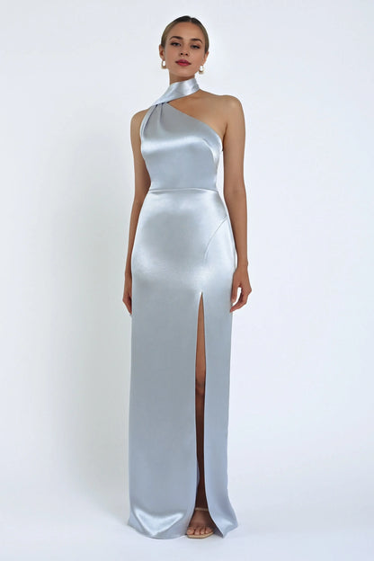 Dress Elegant Satin Asymmetrical Halter Neck Open Back Evening Dress Sheath Slit Sleeveless Prom Dress