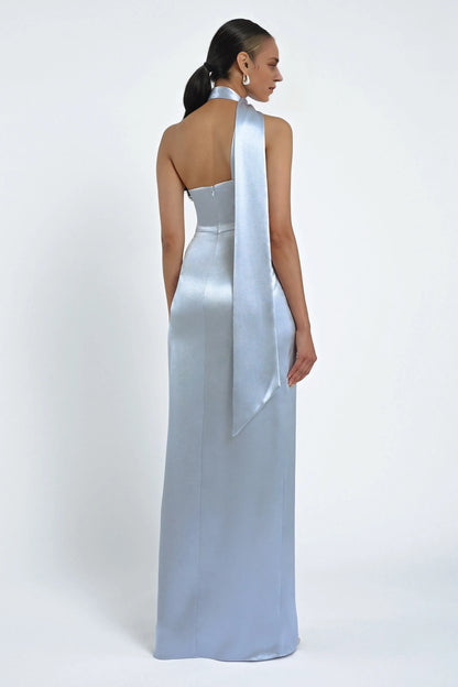 Dress Elegant Satin Asymmetrical Halter Neck Open Back Evening Dress Sheath Slit Sleeveless Prom Dress
