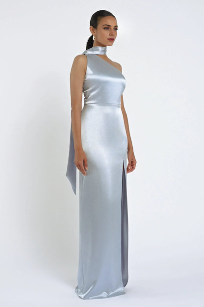 Dress Elegant Satin Asymmetrical Halter Neck Open Back Evening Dress Sheath Slit Sleeveless Prom Dress