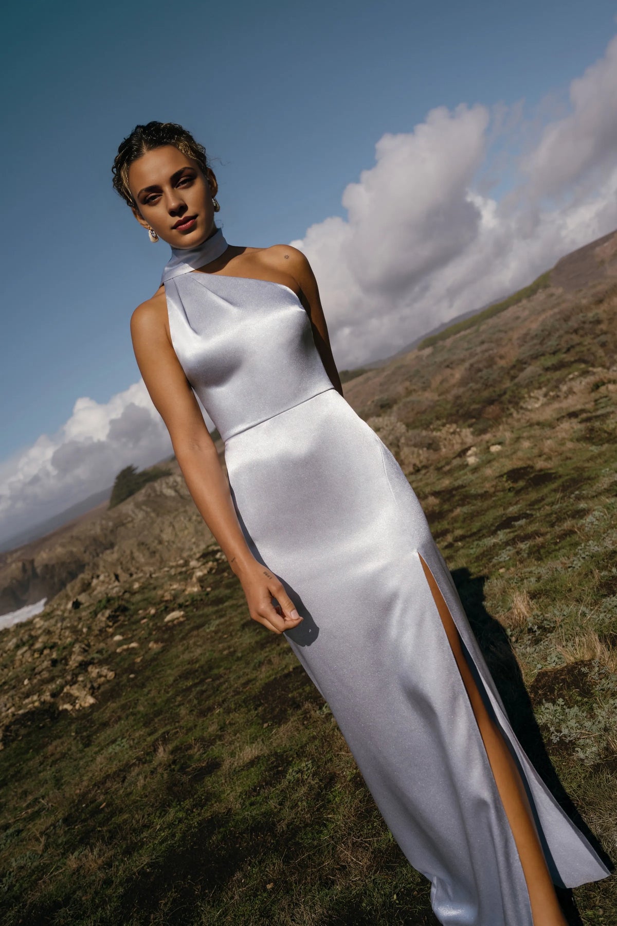 Dress Elegant Satin Asymmetrical Halter Neck Open Back Evening Dress Sheath Slit Sleeveless Prom Dress