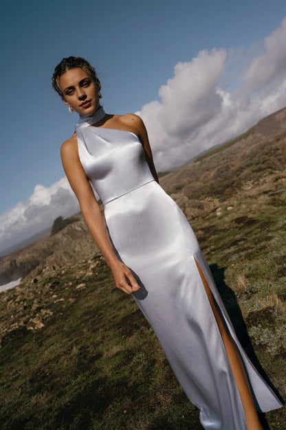 Dress Elegant Satin Asymmetrical Halter Neck Open Back Evening Dress Sheath Slit Sleeveless Prom Dress