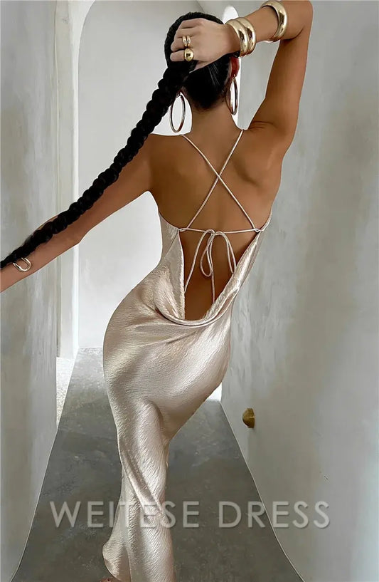 Dress Elegant Satin Backless Maxi Dress For Women Gown Summer Spaghetti Strap Sleeveless Club Party Long Prom Dress