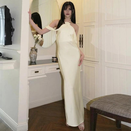 Dress Elegant Satin Halter Backless Maxi Dress 3D Flowers Sexy Sleeveless Summer Women's Birthday Party Prom Dress