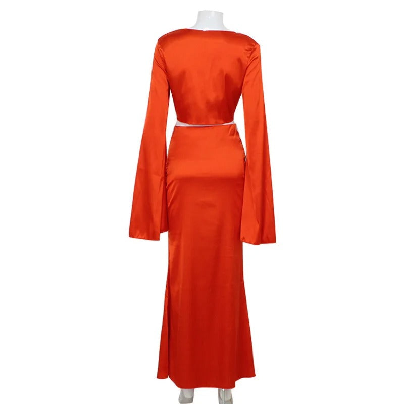 Dress Elegant Satin Long Sleeves Long Dress Women Set Lace Up Sexy V-Neck Low Waist Solid Color Party Club Set Prom Dress