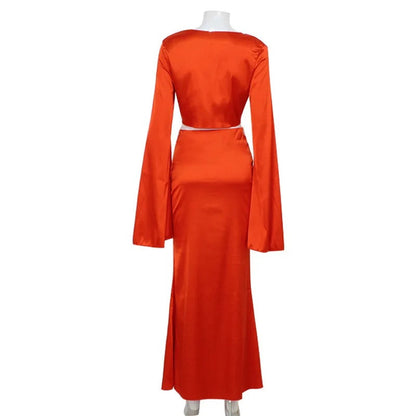 Dress Elegant Satin Long Sleeves Long Dress Women Set Lace Up Sexy V-Neck Low Waist Solid Color Party Club Set Prom Dress