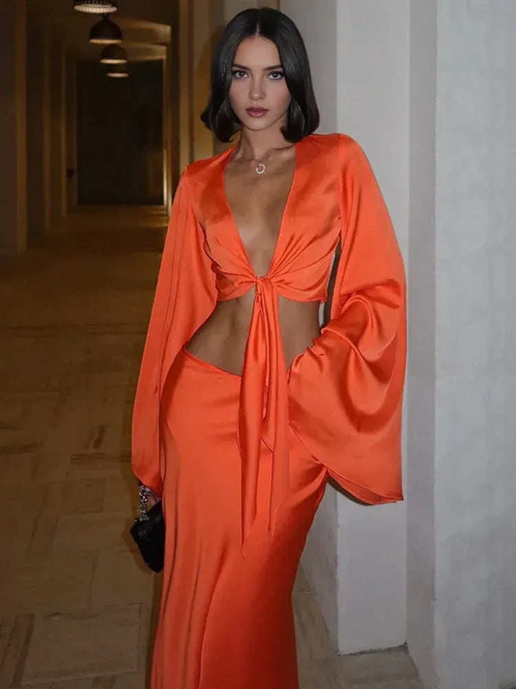 Dress Elegant Satin Long Sleeves Long Dress Women Set Lace Up Sexy V-Neck Low Waist Solid Color Party Club Set Prom Dress
