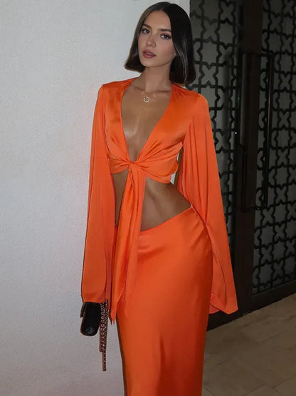 Dress Elegant Satin Long Sleeves Long Dress Women Set Lace Up Sexy V-Neck Low Waist Solid Color Party Club Set Prom Dress