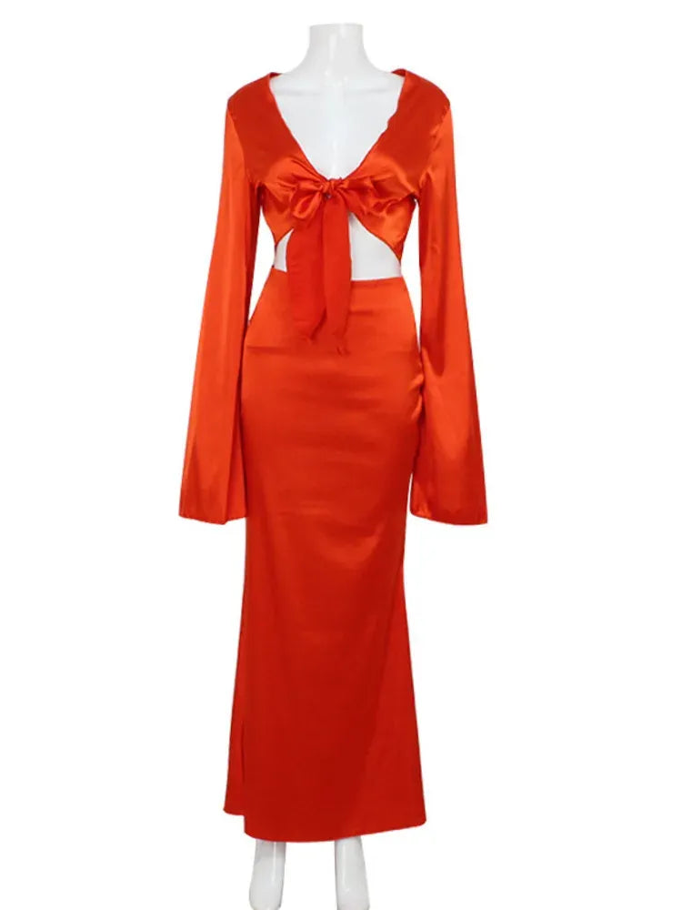 Dress Elegant Satin Long Sleeves Long Dress Women Set Lace Up Sexy V-Neck Low Waist Solid Color Party Club Set Prom Dress