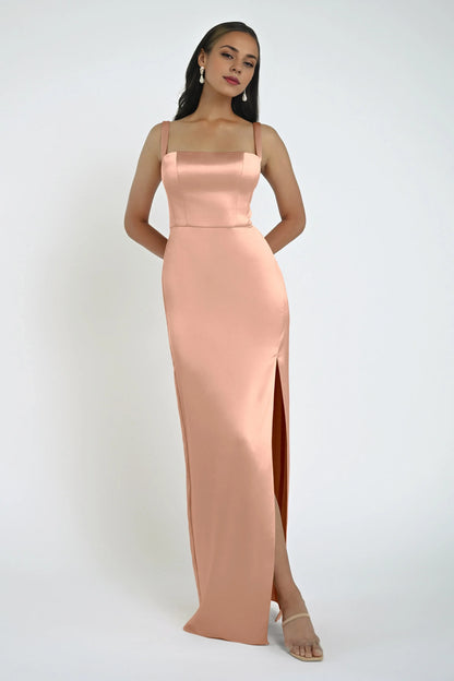 Dress Elegant Satin Square Neck Open Back Evening Dress Regular Straps Sheath Slit Sleeveless Prom Dress