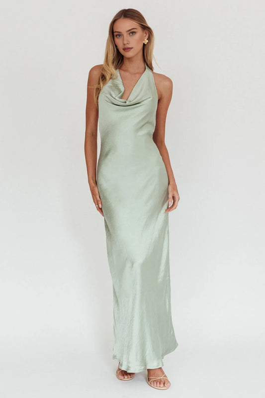 Dress Elegant Sheath/Column Floor-Length Cold Shoulder Prom Dress Sleeveless Satin Solid Color Backless Party Dress