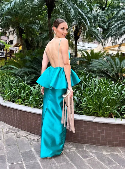Dress Elegant Sheath Spaghetti Strap Blue Satin Open Back Prom Dress Evening Dress Party Dress