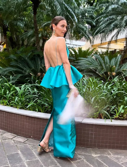 Dress Elegant Sheath Spaghetti Strap Blue Satin Open Back Prom Dress Evening Dress Party Dress