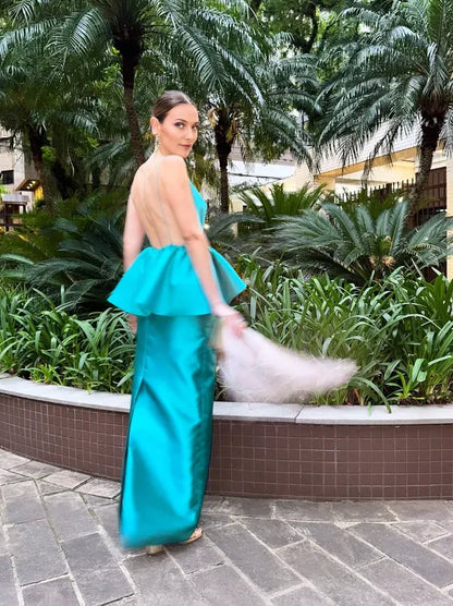 Dress Elegant Sheath Spaghetti Strap Blue Satin Open Back Prom Dress Evening Dress Party Dress