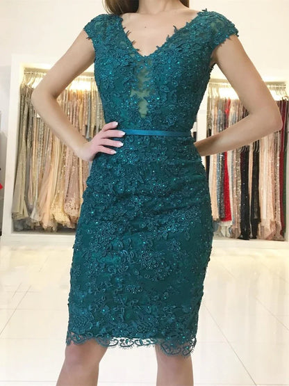 Dress Elegant Short Sheath Lace Green V-neck Prom Dresses