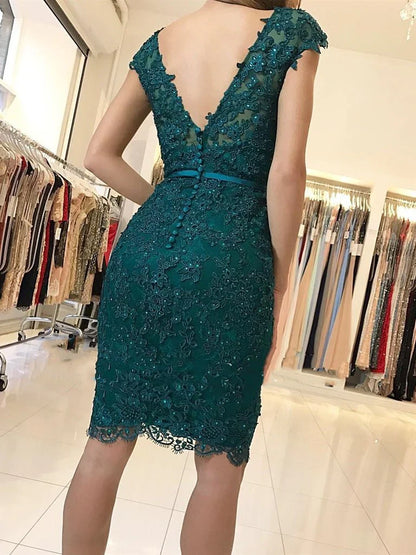 Dress Elegant Short Sheath Lace Green V-neck Prom Dresses