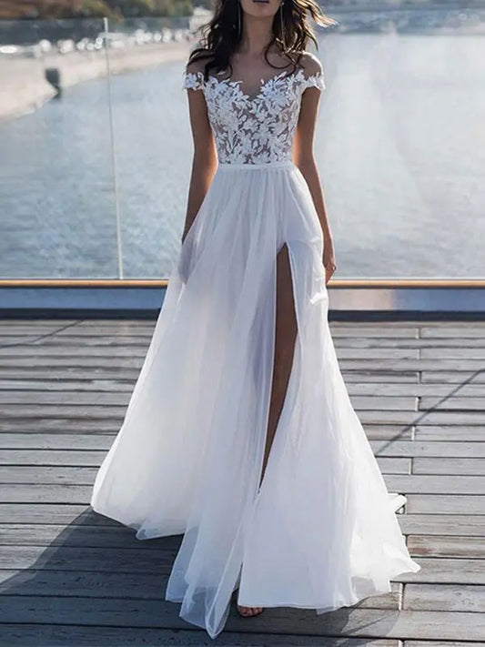 Dress Elegant Short Sleeves Appliques Wedding Dress A-line With Hight Slit Floor Length Bride Dress