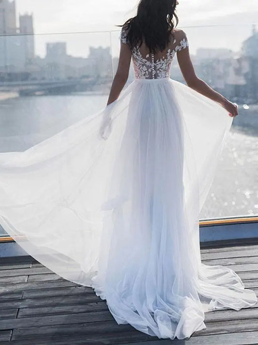 Dress Elegant Short Sleeves Appliques Wedding Dress A-line With Hight Slit Floor Length Bride Dress