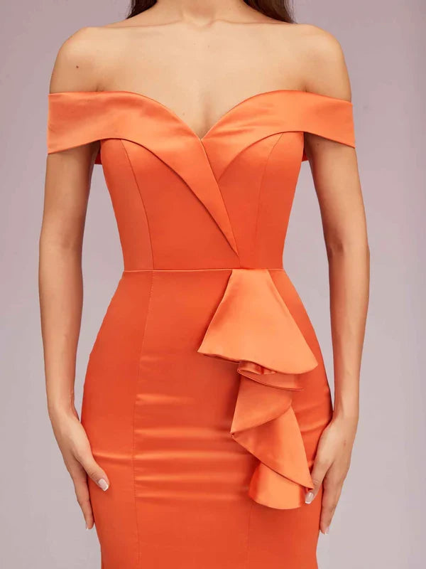 Dress Elegant Soft Satin Mermaid Off Shoulder Unique Long Evening Solid Color Ruffles Prom Dresses