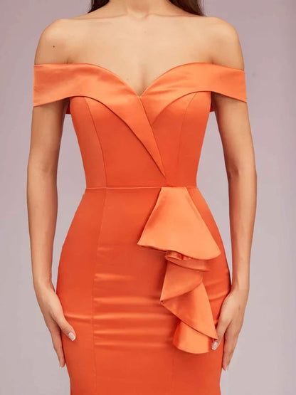 Dress Elegant Soft Satin Mermaid Off Shoulder Unique Long Evening Solid Color Ruffles Prom Dresses