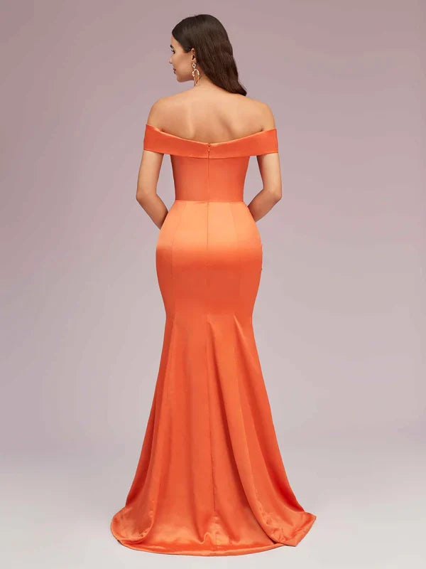 Dress Elegant Soft Satin Mermaid Off Shoulder Unique Long Evening Solid Color Ruffles Prom Dresses