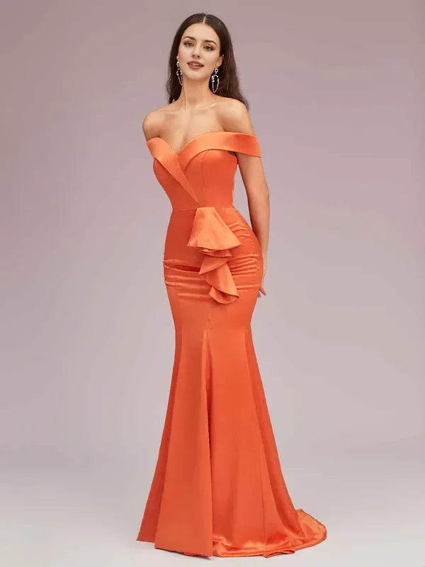 Dress Elegant Soft Satin Mermaid Off Shoulder Unique Long Evening Solid Color Ruffles Prom Dresses
