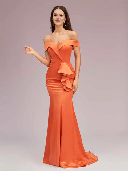 Dress Elegant Soft Satin Mermaid Off Shoulder Unique Long Evening Solid Color Ruffles Prom Dresses