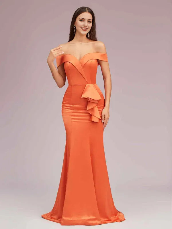 Dress Elegant Soft Satin Mermaid Off Shoulder Unique Long Evening Solid Color Ruffles Prom Dresses