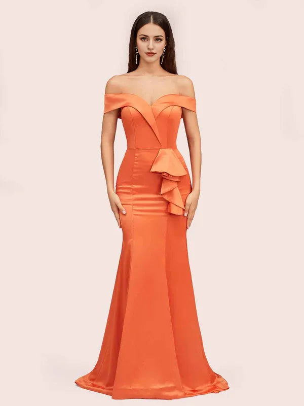 Dress Elegant Soft Satin Mermaid Off Shoulder Unique Long Evening Solid Color Ruffles Prom Dresses
