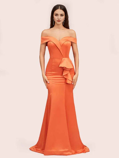 Dress Elegant Soft Satin Mermaid Off Shoulder Unique Long Evening Solid Color Ruffles Prom Dresses