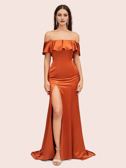 Dress Elegant Soft Satin Off Shoulder Long Mermaid Trumpet Graduation Sweep Brush Train Prom Dresses With Slit