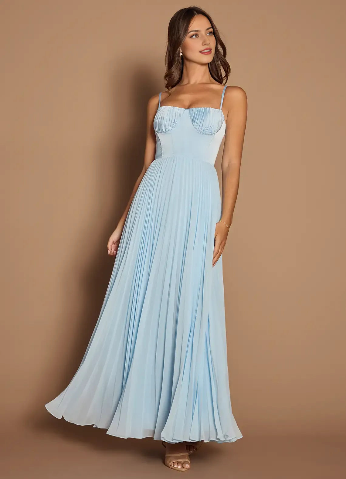 Dress Elegant Spaghetti Straps Sleeveless Backless Pleated Sky Blue Evening Dress Prom Dress