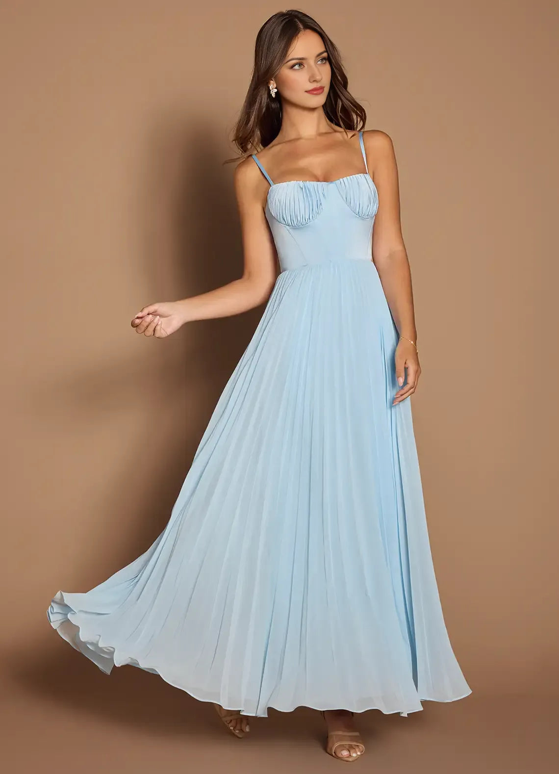 Dress Elegant Spaghetti Straps Sleeveless Backless Pleated Sky Blue Evening Dress Prom Dress