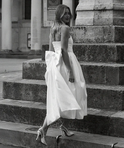 Dress Elegant Strapless Bow Back Pleated Midi Dress A-Line Solid Color Sleeveless Wedding Dress
