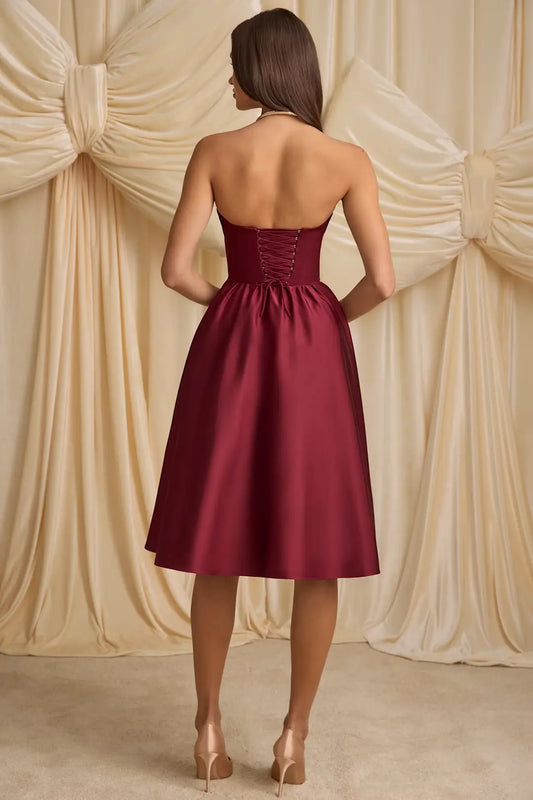 Dress Elegant Strapless Corset Midi Dress A-line Lace Up Pleated Wine Red Prom Dress