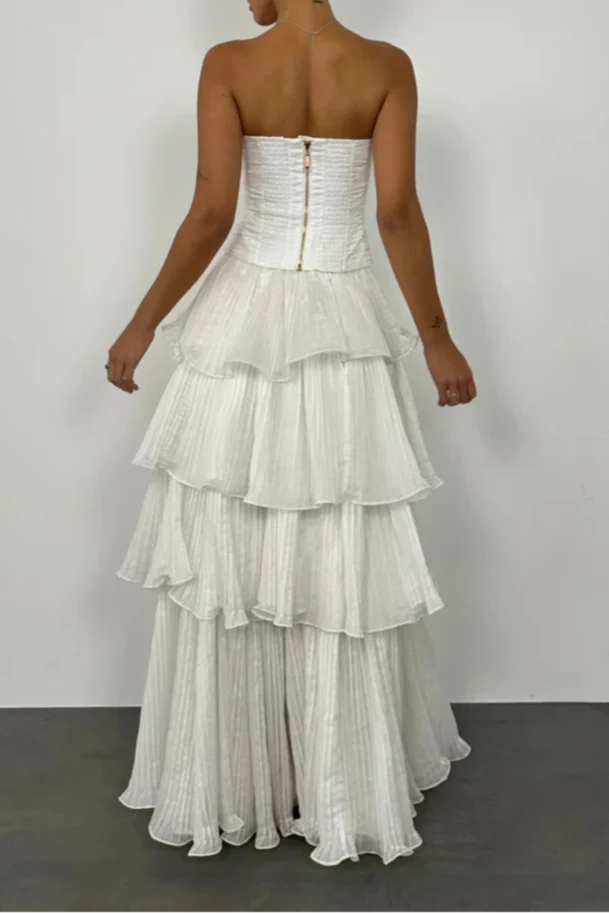 Dress Elegant Strapless Multi Layer Prom Dress A-Line Sleeveless Floor-Length Solid Color Maxi Dress