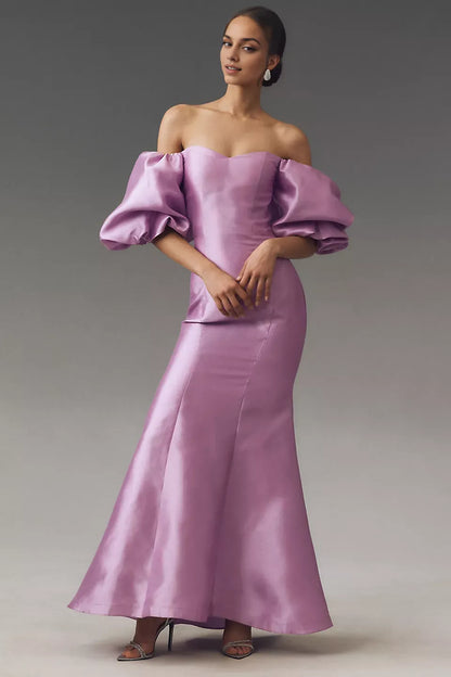 Dress Elegant Sweetheart Off-The-Shoulder Lantern Sleeves Prom Dress Satin Mermaid Maxi Dress