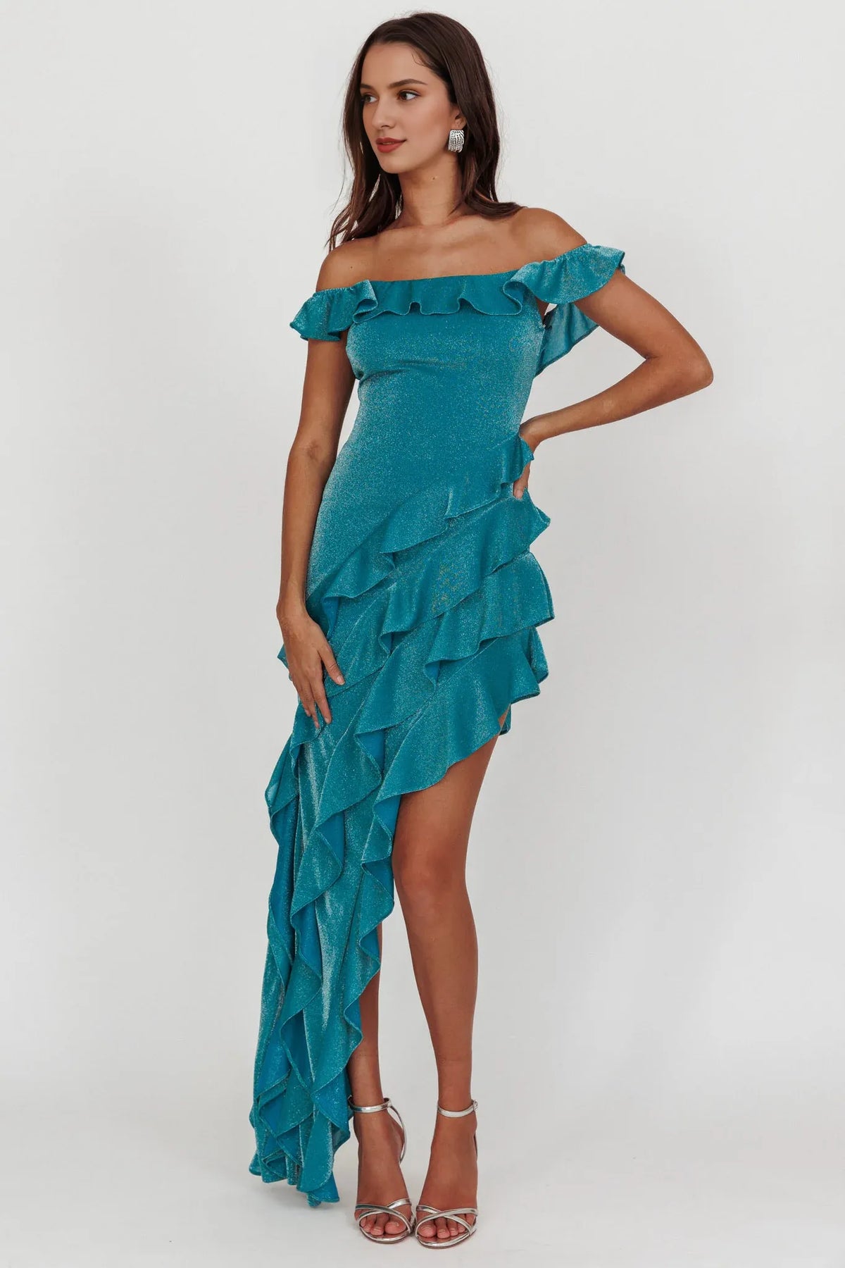 Dress Elegant Teal Glittery Gown Off Shoulder Neck Ruffled Layer Detail Asymmetric Hem and Bodycon Fit Prom Dress