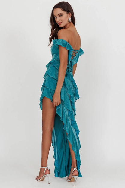 Dress Elegant Teal Glittery Gown Off Shoulder Neck Ruffled Layer Detail Asymmetric Hem and Bodycon Fit Prom Dress