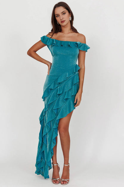 Dress Elegant Teal Glittery Gown Off Shoulder Neck Ruffled Layer Detail Asymmetric Hem and Bodycon Fit Prom Dress
