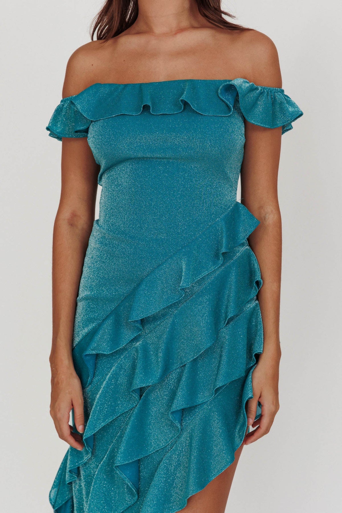 Dress Elegant Teal Glittery Gown Off Shoulder Neck Ruffled Layer Detail Asymmetric Hem and Bodycon Fit Prom Dress