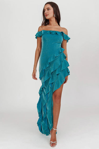 Dress Elegant Teal Glittery Gown Off Shoulder Neck Ruffled Layer Detail Asymmetric Hem and Bodycon Fit Prom Dress