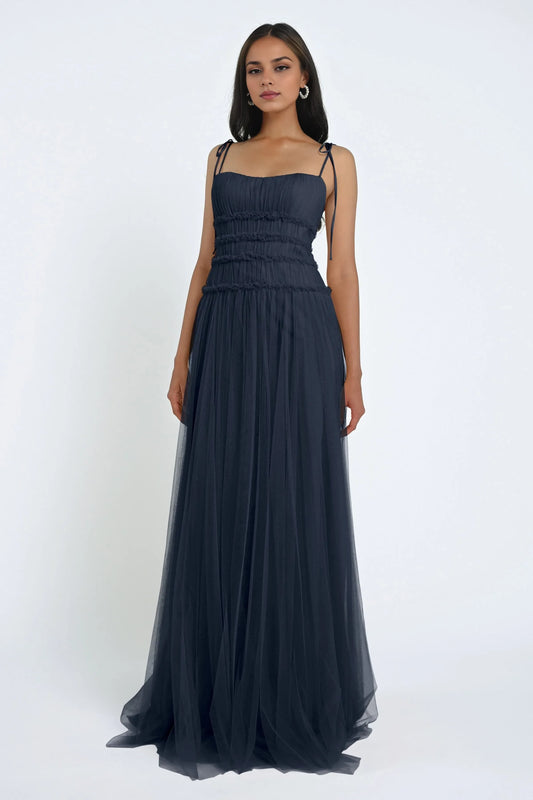 Dress Elegant Tulle Straight Neck Spaghetti Straps Evening Dress A-line Ruffle Sleeveless Prom Dress