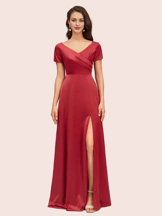 Dress Elegant V-Neck Short Sleeves Maxi Dress Soft Satin Party Pleated Prom Dresses With Slit