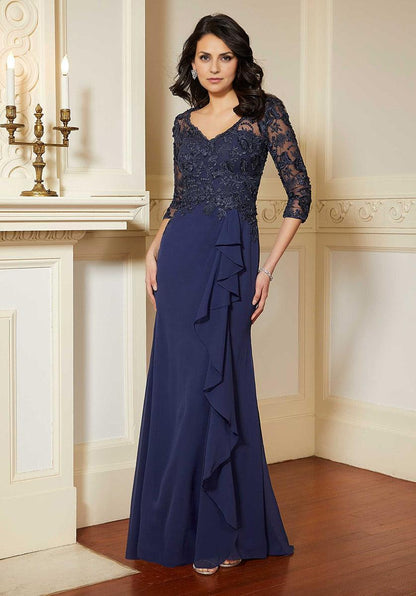 Dress Elegant V Neck 3/4 Sleeve Prom Dress Mermaid Full Length Ruffle Mother Of The Bride With Lace Applique